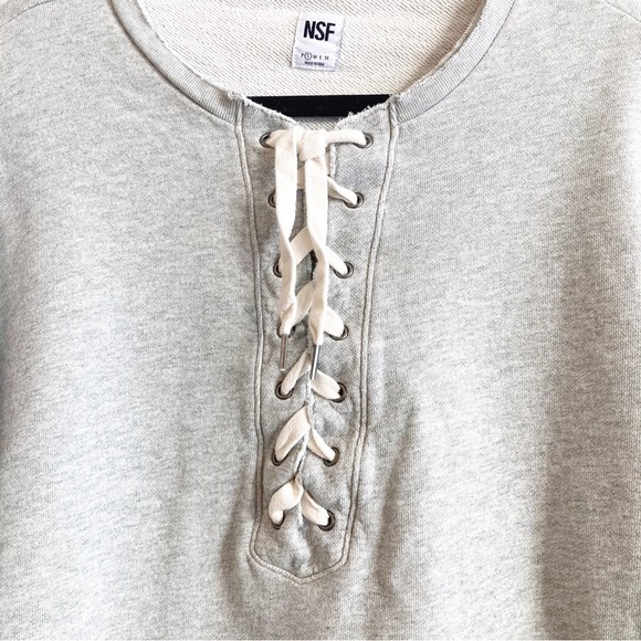 NSF Gray Pullover Sweatshirt Lace Up Neck  Cotton Crew Neck Frayed Neck  Small - Picture 6 of 7